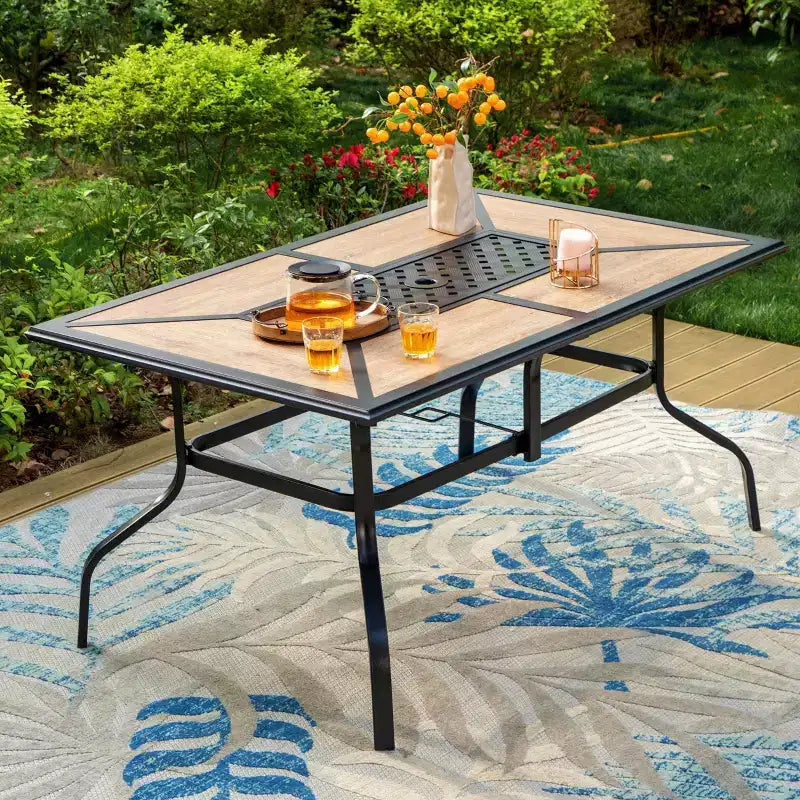 7pc Outdoor Dining Set with Swivel Chairs & Faux Wood/Metal Table with Umbrella Hole - Captiva Designs: Powder-Coated Steel Frame