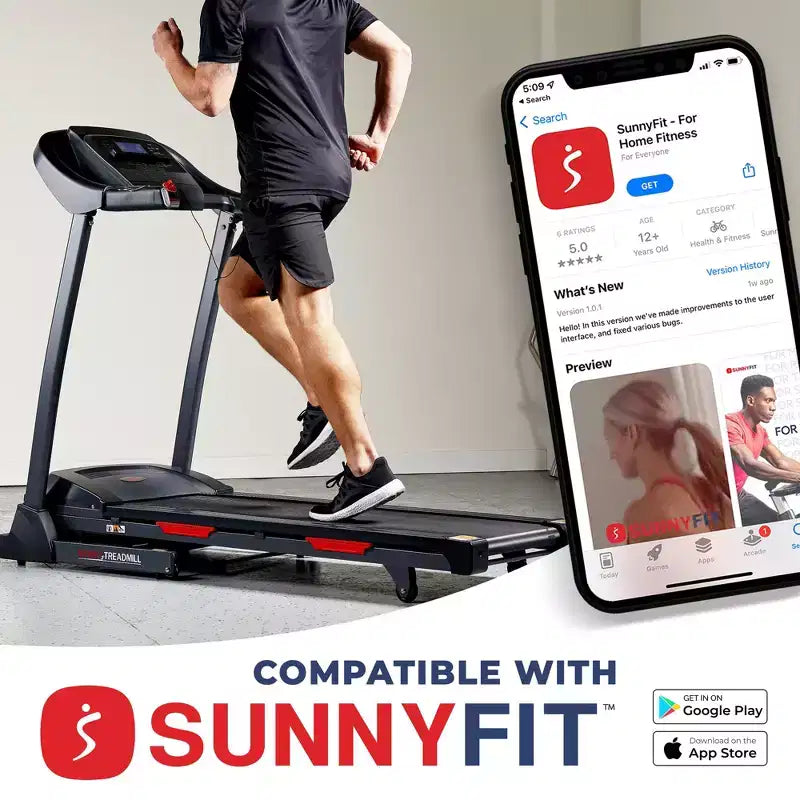 Sunny Health & Fitness Premium Folding Auto-Incline Smart Treadmill with Exclusive SunnyFit App Enabled - Black