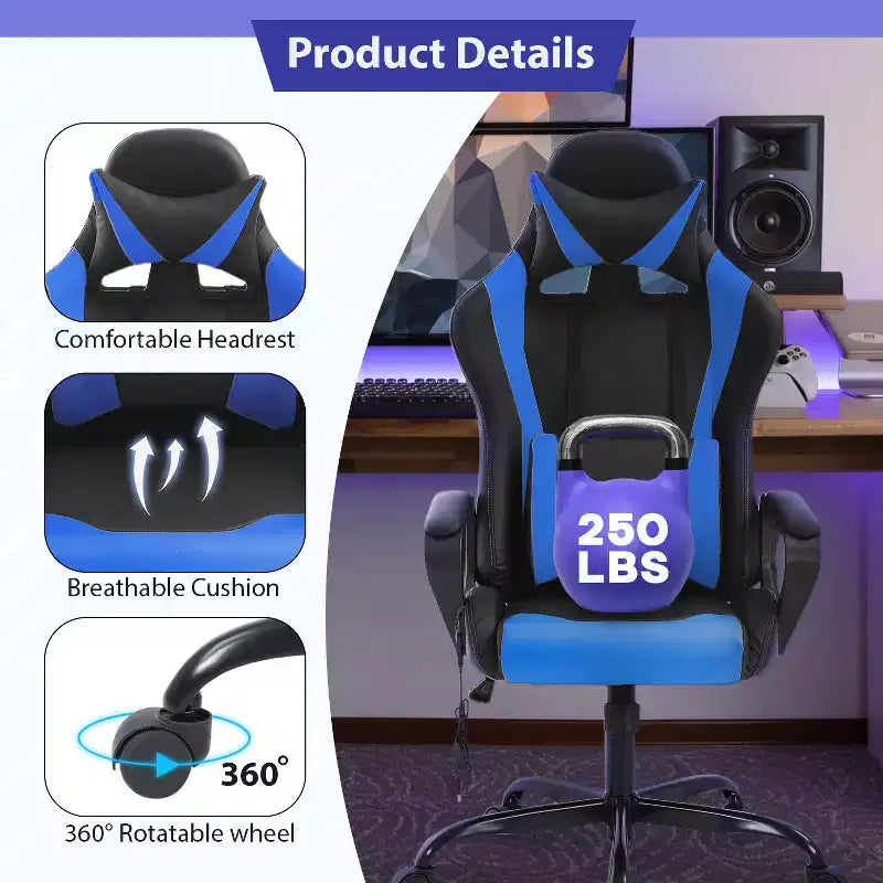 FDW Gaming Chiar Comfortable and Stylish Massage Office Chair with Adjustable Lumbar Support 360-Degree Swivel and Smooth-Rolling Casters