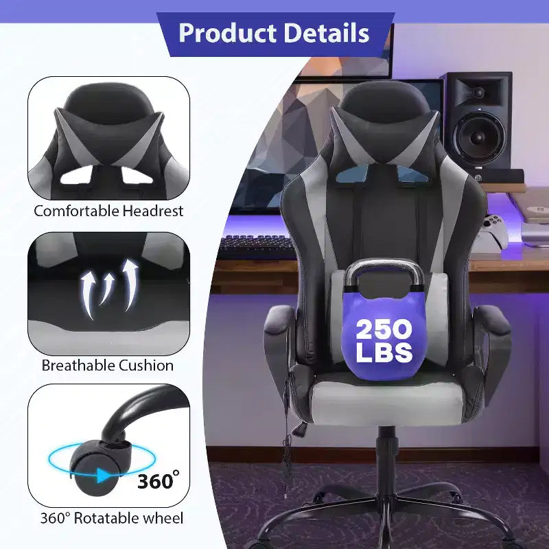 FDW Gaming Chiar Comfortable and Stylish Massage Office Chair with Adjustable Lumbar Support 360-Degree Swivel and Smooth-Rolling Casters