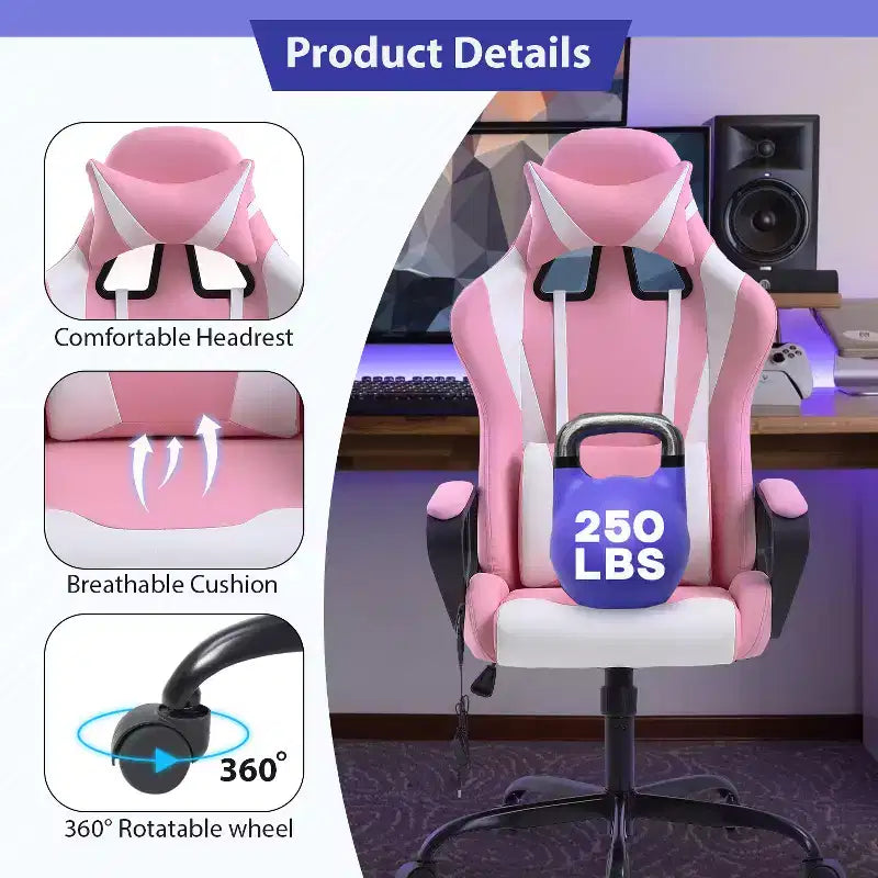 FDW Gaming Chiar Comfortable and Stylish Massage Office Chair with Adjustable Lumbar Support 360-Degree Swivel and Smooth-Rolling Casters
