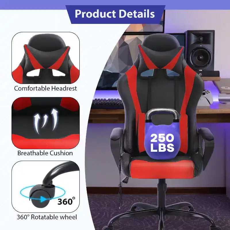 FDW Gaming Chiar Comfortable and Stylish Massage Office Chair with Adjustable Lumbar Support 360-Degree Swivel and Smooth-Rolling Casters