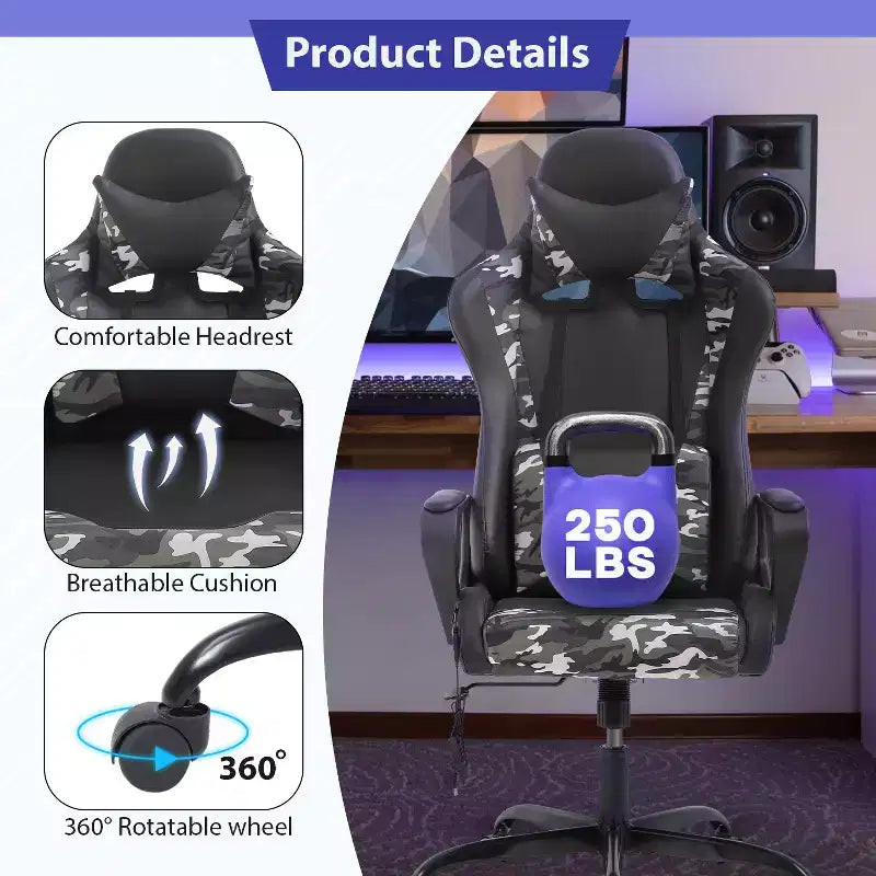 FDW Gaming Chiar Comfortable and Stylish Massage Office Chair with Adjustable Lumbar Support 360-Degree Swivel and Smooth-Rolling Casters