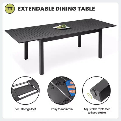 Crestlive Products Ensemble de salle à manger extensible 9 pièces pour patio Table rectangulaire d'extérieur en aluminium pour 6 à 8 personnes avec chaises