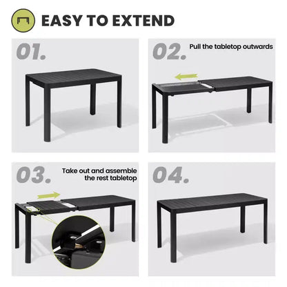 Crestlive Products Ensemble repas d'extérieur 6 personnes en aluminium Table à manger rectangulaire extensible avec chaises Résistant à l'eau et à la rouille Toutes saisons