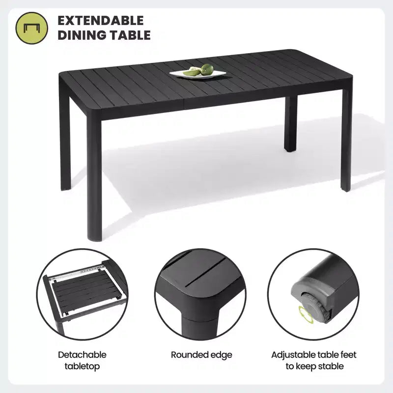 Crestlive Products Ensemble repas d'extérieur 6 personnes en aluminium Table à manger rectangulaire extensible avec chaises Résistant à l'eau et à la rouille Toutes saisons