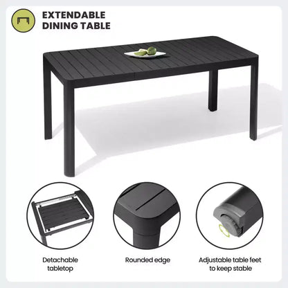 Crestlive Products Ensemble repas d'extérieur 6 personnes en aluminium Table à manger rectangulaire extensible avec chaises Résistant à l'eau et à la rouille Toutes saisons