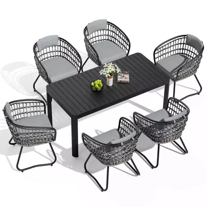 Crestlive Products Ensemble repas d'extérieur 6 personnes en aluminium Table à manger rectangulaire extensible avec chaises Résistant à l'eau et à la rouille Toutes saisons