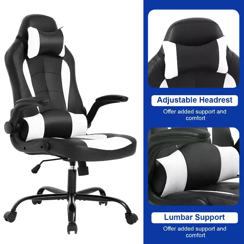 Chaise de bureau BestMassage Chaise de jeu Chaise de bureau d'ordinateur avec support lombaire et appui-tête réglable et chaise de joueur en cuir PU pour adultes