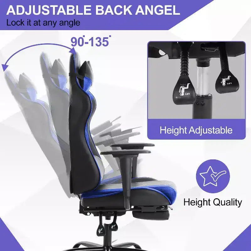 Chaise de jeu BestMassage, chaise de gamer avec support lombaire et repose-pieds, conception pivotante roulante, chaise de bureau pour la maison et le jeu