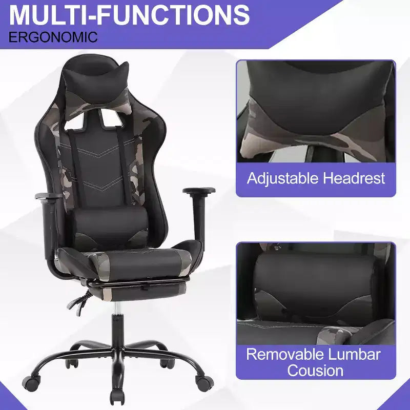 Chaise de jeu BestMassage, chaise de gamer avec support lombaire et repose-pieds, conception pivotante roulante, chaise de bureau pour la maison et le jeu