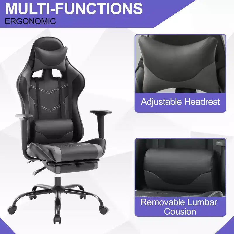 Chaise de jeu BestMassage, chaise de gamer avec support lombaire et repose-pieds, conception pivotante roulante, chaise de bureau pour la maison et le jeu