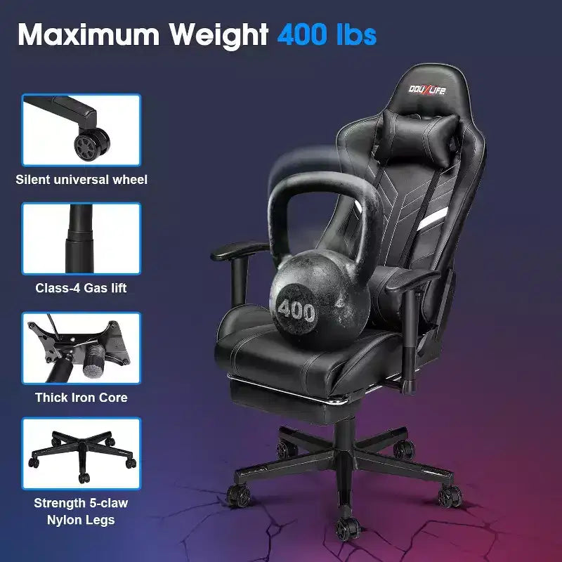 Chaise de jeu ergonomique Douxlife Modern avec massage 7 points, repose-pieds et accoudoirs réglables Noir