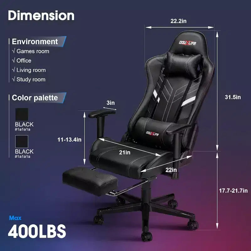 Chaise de jeu ergonomique Douxlife Modern avec massage 7 points, repose-pieds et accoudoirs réglables Noir