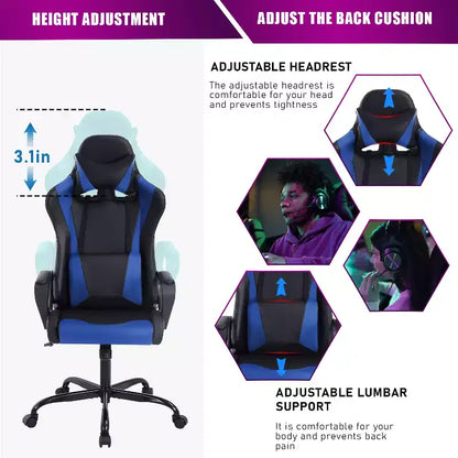Chaise de bureau de jeu BestMassage Chaise de bureau Chaise d'ordinateur avec accoudoirs Support lombaire pivotant à 360° Chaise de direction pour adultes