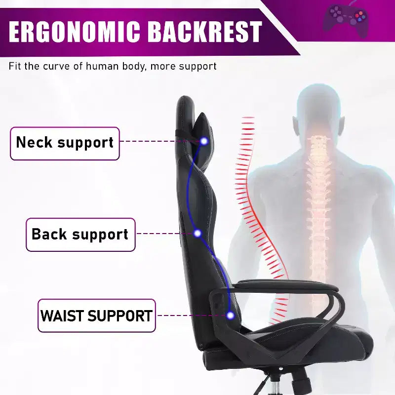 Chaise de bureau de jeu BestMassage Chaise de bureau Chaise d'ordinateur avec accoudoirs Support lombaire pivotant à 360° Chaise de direction pour adultes