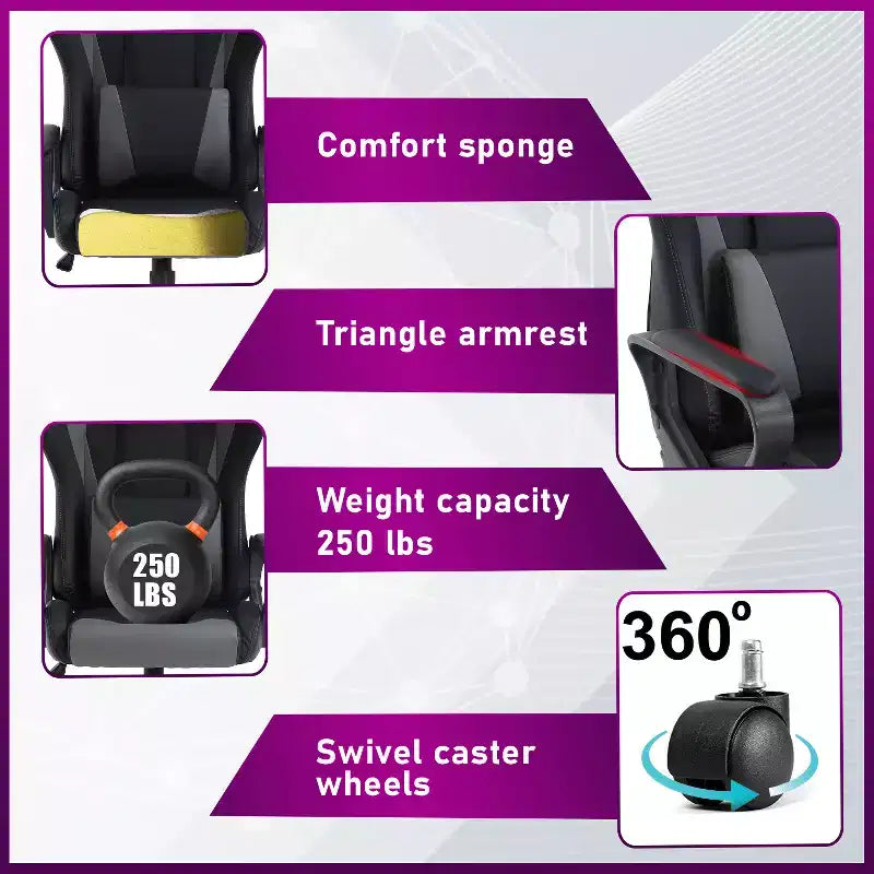 Chaise de bureau de jeu BestMassage Chaise de bureau Chaise d'ordinateur avec accoudoirs Support lombaire pivotant à 360° Chaise de direction pour adultes