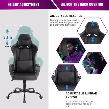 Chaise de bureau de jeu BestMassage Chaise de bureau Chaise d'ordinateur avec accoudoirs Support lombaire pivotant à 360° Chaise de direction pour adultes