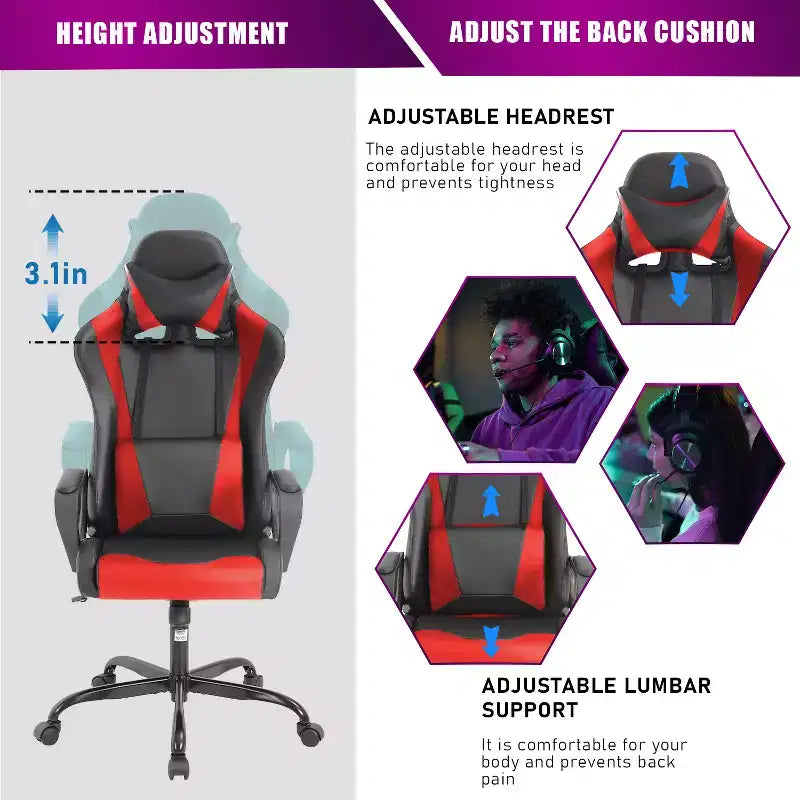 Chaise de bureau de jeu BestMassage Chaise de bureau Chaise d'ordinateur avec accoudoirs Support lombaire pivotant à 360° Chaise de direction pour adultes