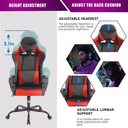 Chaise de bureau de jeu BestMassage Chaise de bureau Chaise d'ordinateur avec accoudoirs Support lombaire pivotant à 360° Chaise de direction pour adultes