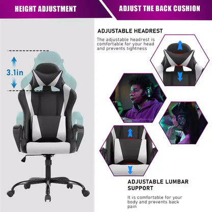 Chaise de bureau de jeu BestMassage Chaise de bureau Chaise d'ordinateur avec accoudoirs Support lombaire pivotant à 360° Chaise de direction pour adultes