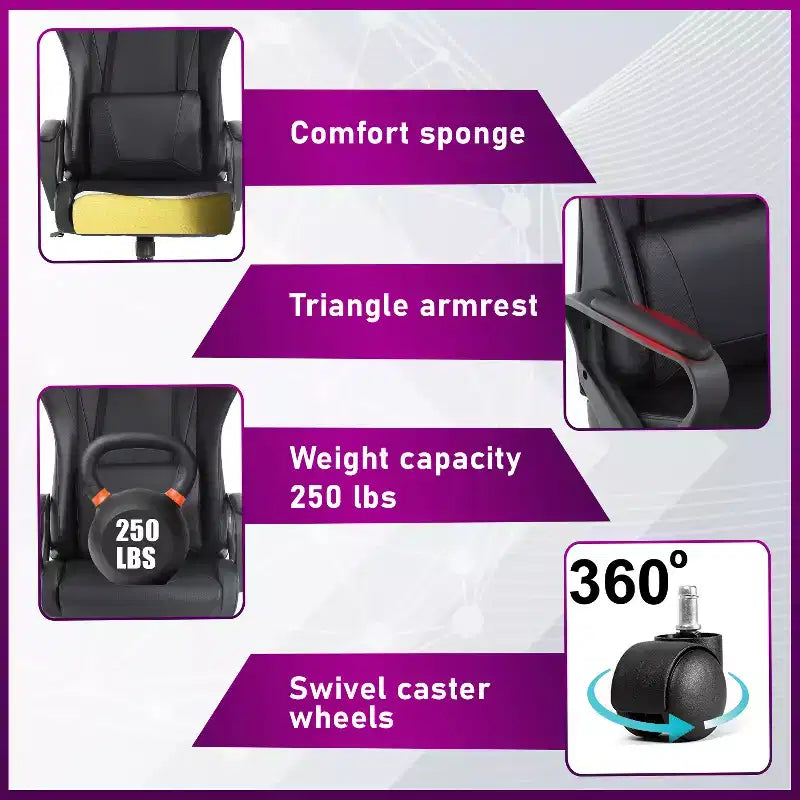 Chaise de bureau de jeu BestMassage Chaise de bureau Chaise d'ordinateur avec accoudoirs Support lombaire pivotant à 360° Chaise de direction pour adultes