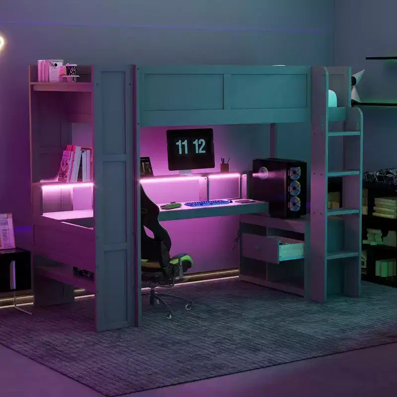 Whisen 87.1''L x 49.4''W Wood Gaming Loft Bed with Desk, Multi-storage Shelves, LED and Charging Station