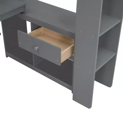 Lit mezzanine de jeu Whisen 87.1''L x 49.4''W en bois avec bureau, étagères de rangement multiples, lumières LED et station de recharge