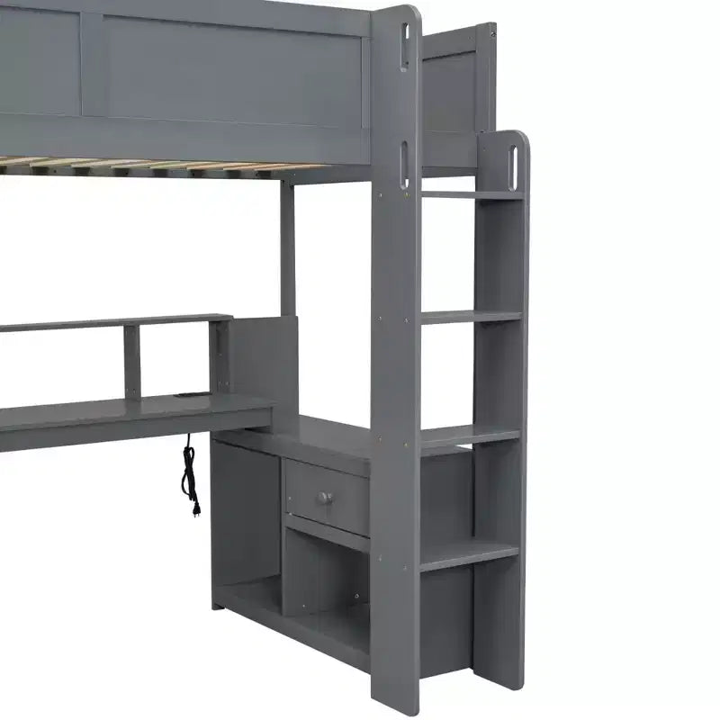 Lit mezzanine de jeu Whisen 87.1''L x 49.4''W en bois avec bureau, étagères de rangement multiples, lumières LED et station de recharge