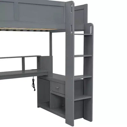 Lit mezzanine de jeu Whisen 87.1''L x 49.4''W en bois avec bureau, étagères de rangement multiples, lumières LED et station de recharge