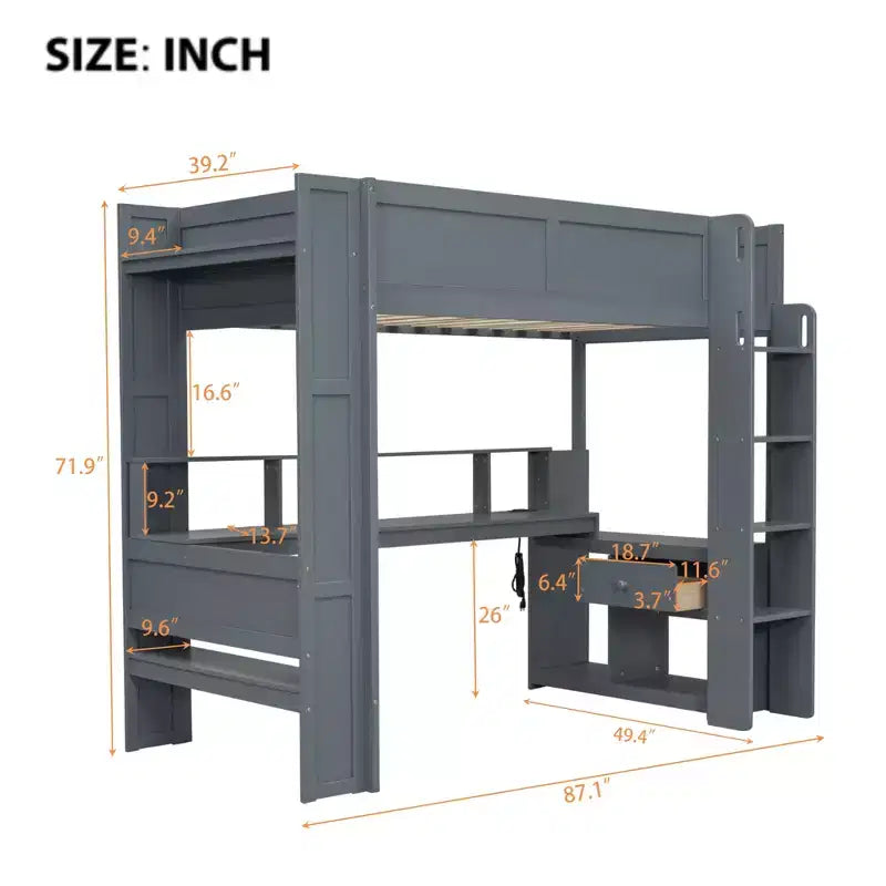 Lit mezzanine de jeu Whisen 87.1''L x 49.4''W en bois avec bureau, étagères de rangement multiples, lumières LED et station de recharge