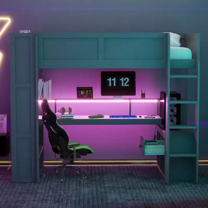 Lit mezzanine de jeu Whisen 87.1''L x 49.4''W en bois avec bureau, étagères de rangement multiples, lumières LED et station de recharge