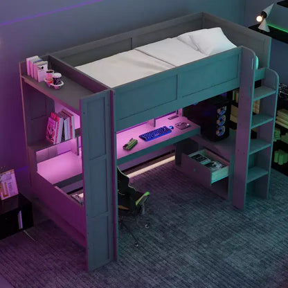 Lit mezzanine de jeu Whisen 87.1''L x 49.4''W en bois avec bureau, étagères de rangement multiples, lumières LED et station de recharge