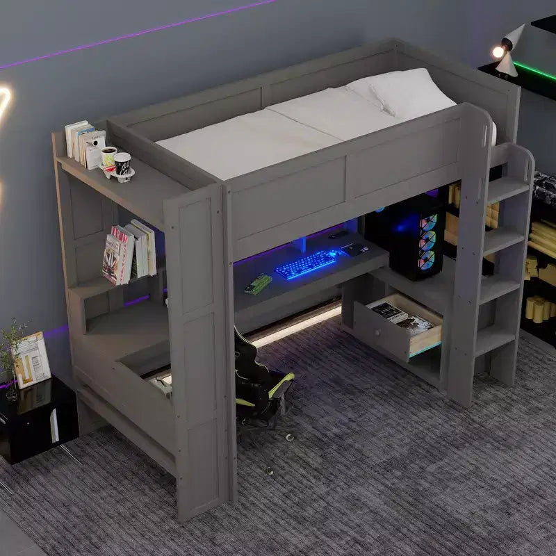 Lit mezzanine de jeu Whisen 87.1''L x 49.4''W en bois avec bureau, étagères de rangement multiples, lumières LED et station de recharge