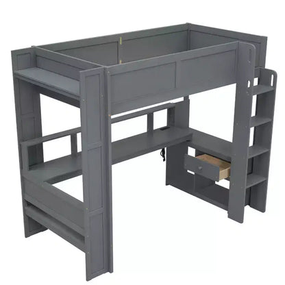 Lit mezzanine de jeu Whisen 87.1''L x 49.4''W en bois avec bureau, étagères de rangement multiples, lumières LED et station de recharge