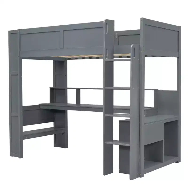 Lit mezzanine de jeu Whisen 87.1''L x 49.4''W en bois avec bureau, étagères de rangement multiples, lumières LED et station de recharge