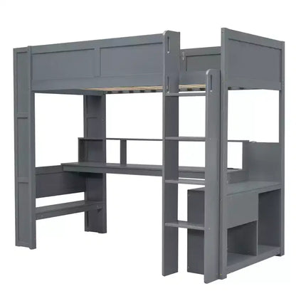 Lit mezzanine de jeu Whisen 87.1''L x 49.4''W en bois avec bureau, étagères de rangement multiples, lumières LED et station de recharge