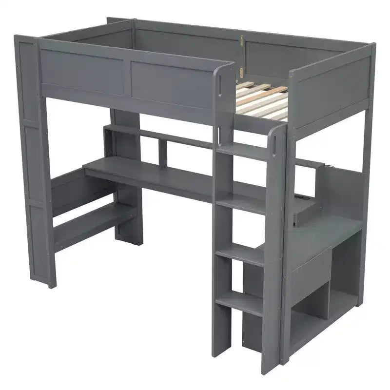 Lit mezzanine de jeu Whisen 87.1''L x 49.4''W en bois avec bureau, étagères de rangement multiples, lumières LED et station de recharge