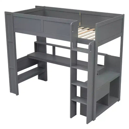 Lit mezzanine de jeu Whisen 87.1''L x 49.4''W en bois avec bureau, étagères de rangement multiples, lumières LED et station de recharge