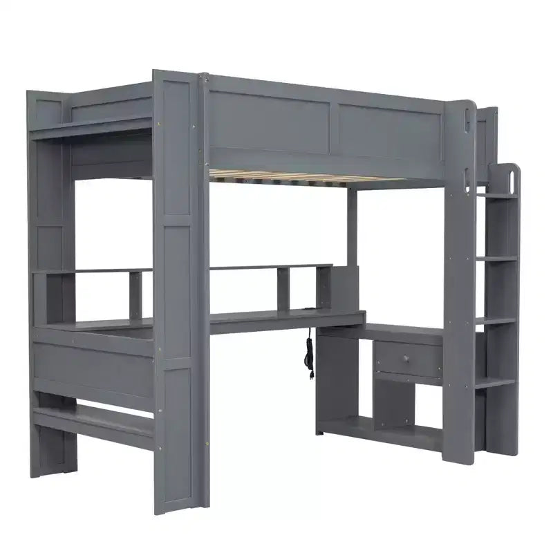 Lit mezzanine de jeu Whisen 87.1''L x 49.4''W en bois avec bureau, étagères de rangement multiples, lumières LED et station de recharge