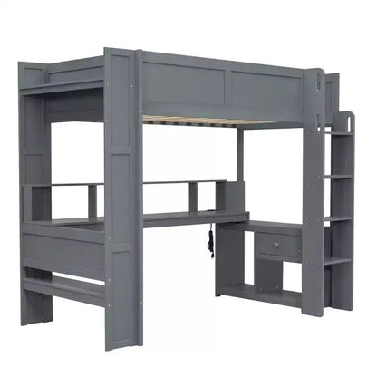 Lit mezzanine de jeu Whisen 87.1''L x 49.4''W en bois avec bureau, étagères de rangement multiples, lumières LED et station de recharge