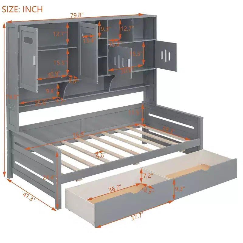 Twin/Full Size Wooden Daybed with 2 Drawers, All-in-One Cabinet and Shelves - ModernLuxe