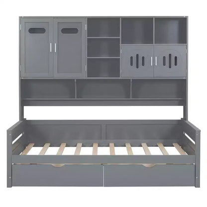 Twin/Full Size Wooden Daybed with 2 Drawers, All-in-One Cabinet and Shelves - ModernLuxe