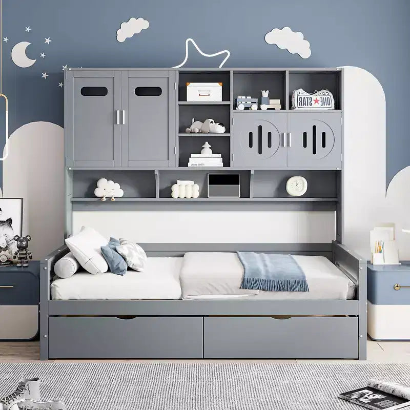 Twin/Full Size Wooden Daybed with 2 Drawers, All-in-One Cabinet and Shelves - ModernLuxe