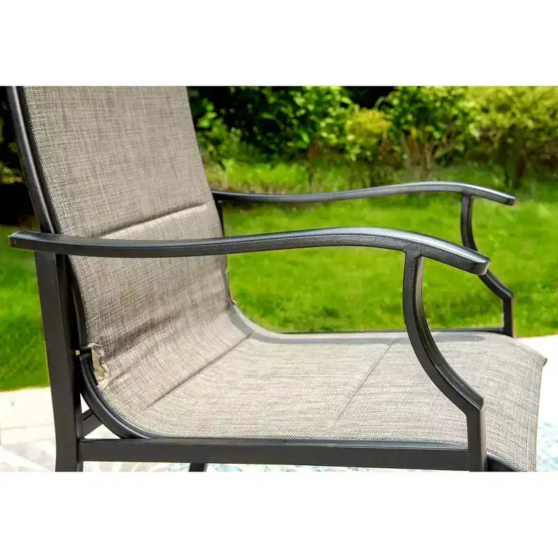 Captiva Designs 7pc Patio Black Slatted Round Steel Table with Umbrella Hole & Grayish Brown Textilene Chairs