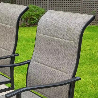 Captiva Designs 7pc Patio Black Slatted Round Steel Table with Umbrella Hole & Grayish Brown Textilene Chairs