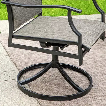 Captiva Designs 7pc Patio Black Slatted Round Steel Table with Umbrella Hole & Grayish Brown Textilene Chairs