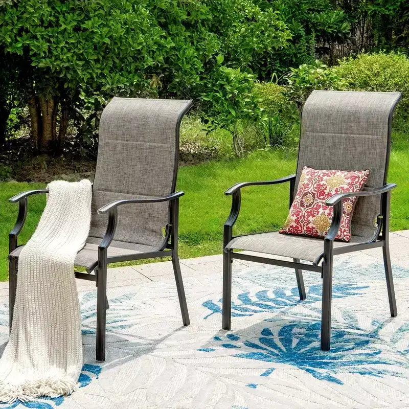 Captiva Designs 7pc Patio Black Slatted Round Steel Table with Umbrella Hole & Grayish Brown Textilene Chairs