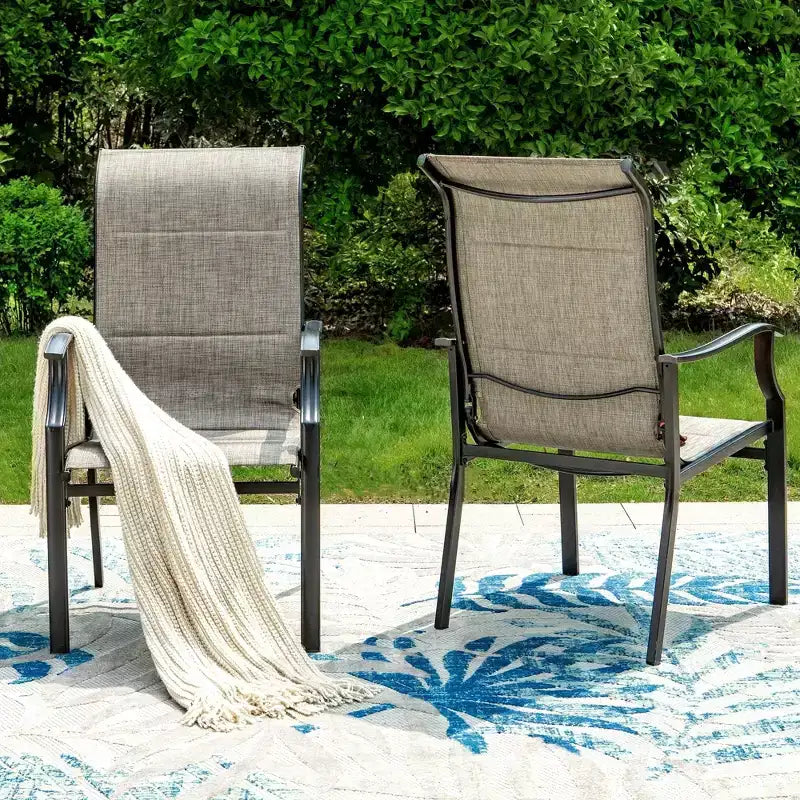 Captiva Designs 7pc Patio Black Slatted Round Steel Table with Umbrella Hole & Grayish Brown Textilene Chairs
