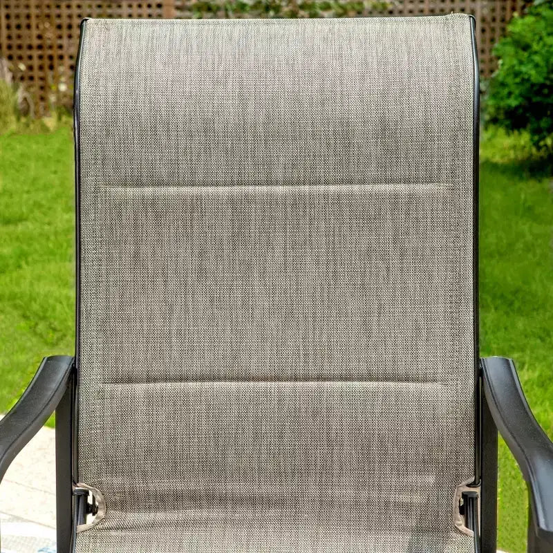 Captiva Designs 7pc Patio Black Slatted Round Steel Table with Umbrella Hole & Grayish Brown Textilene Chairs
